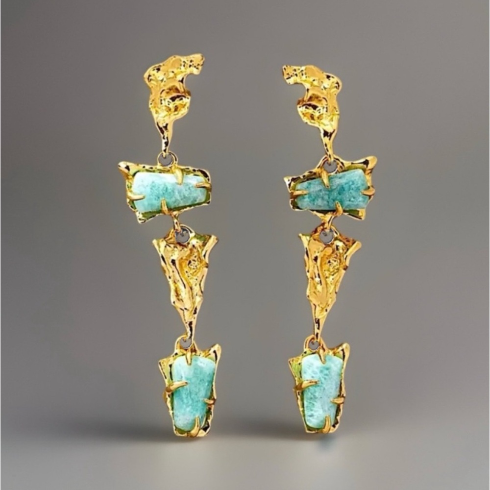 ALEXIS BITTAR • Brut Crumpled Gold Tumbled Green Blue Gemstone Drop Earrings